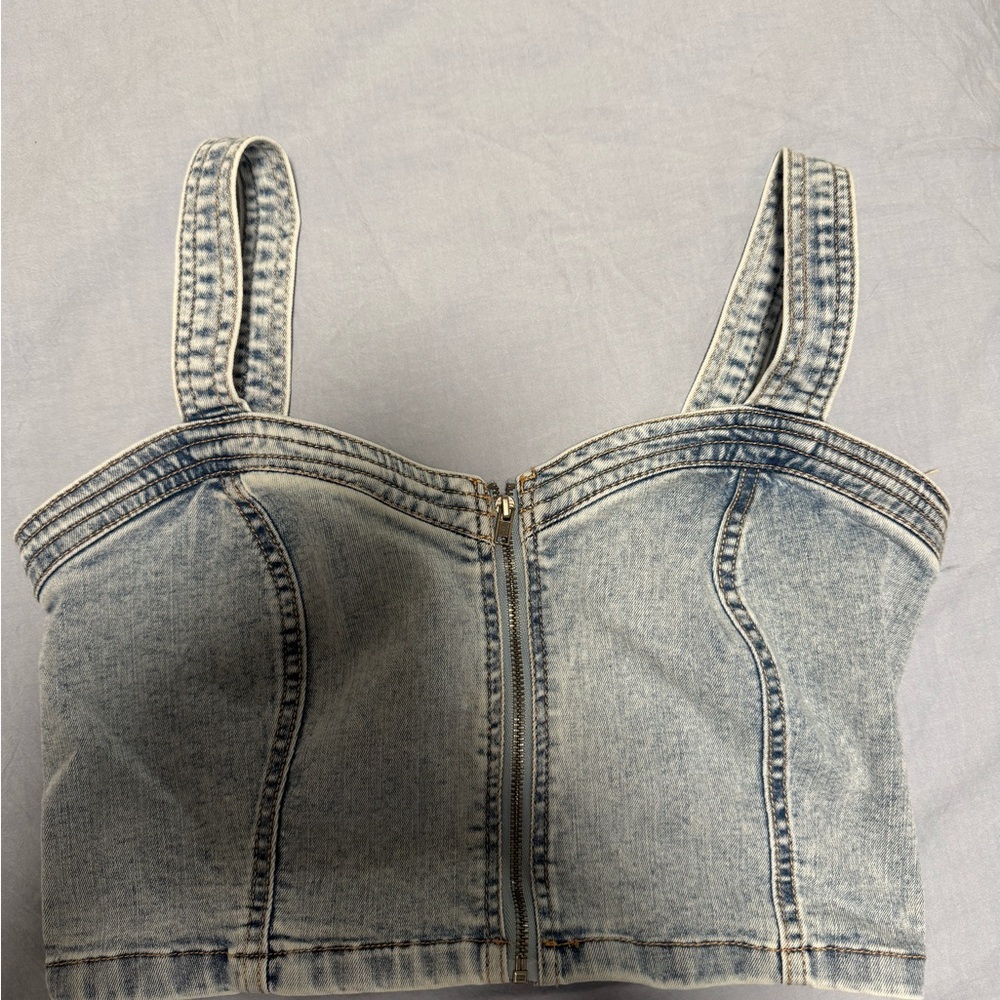 wild fable Light Blue Denim Crop Top with Zipper